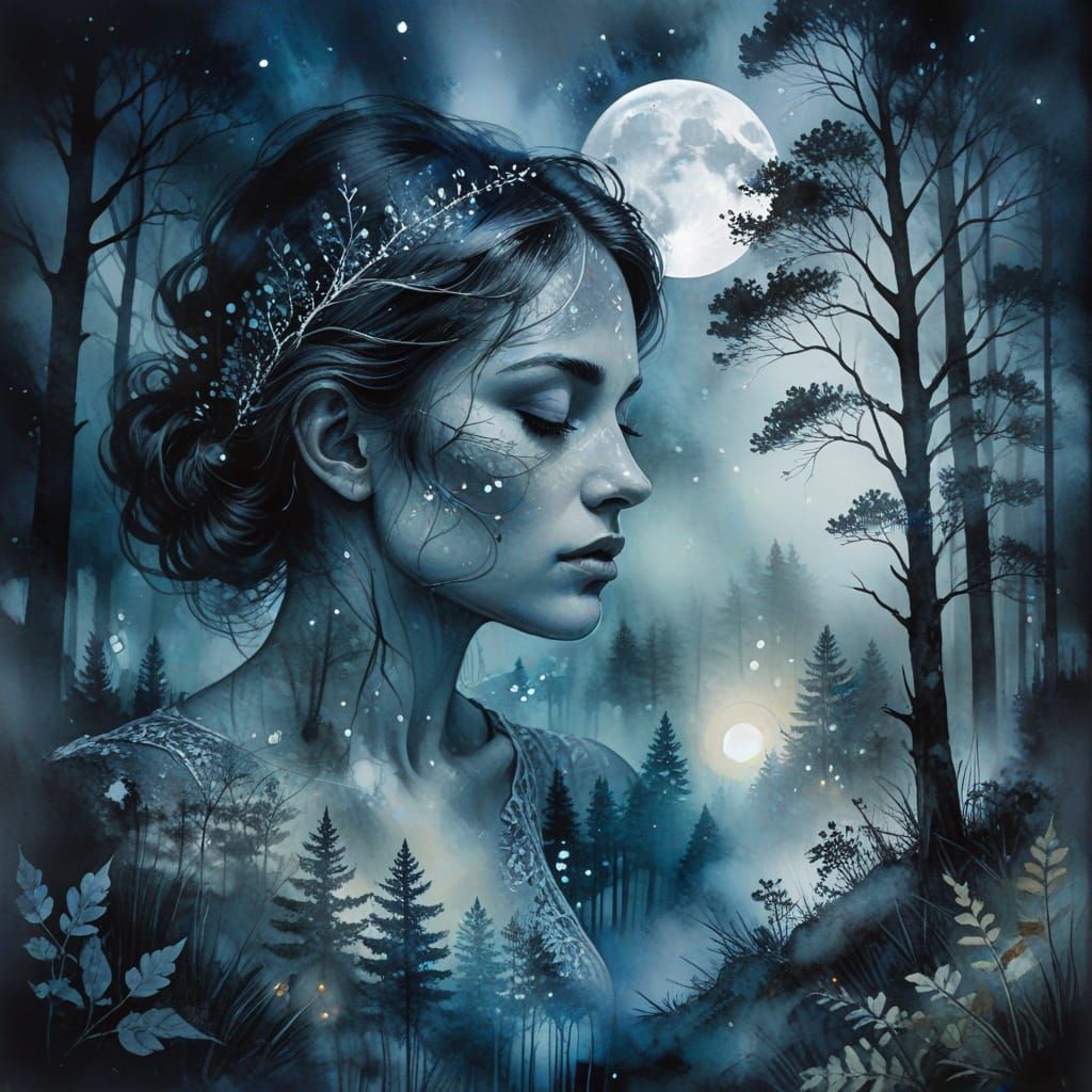Ethereal Forest Spirit Double Exposure in Watercolor