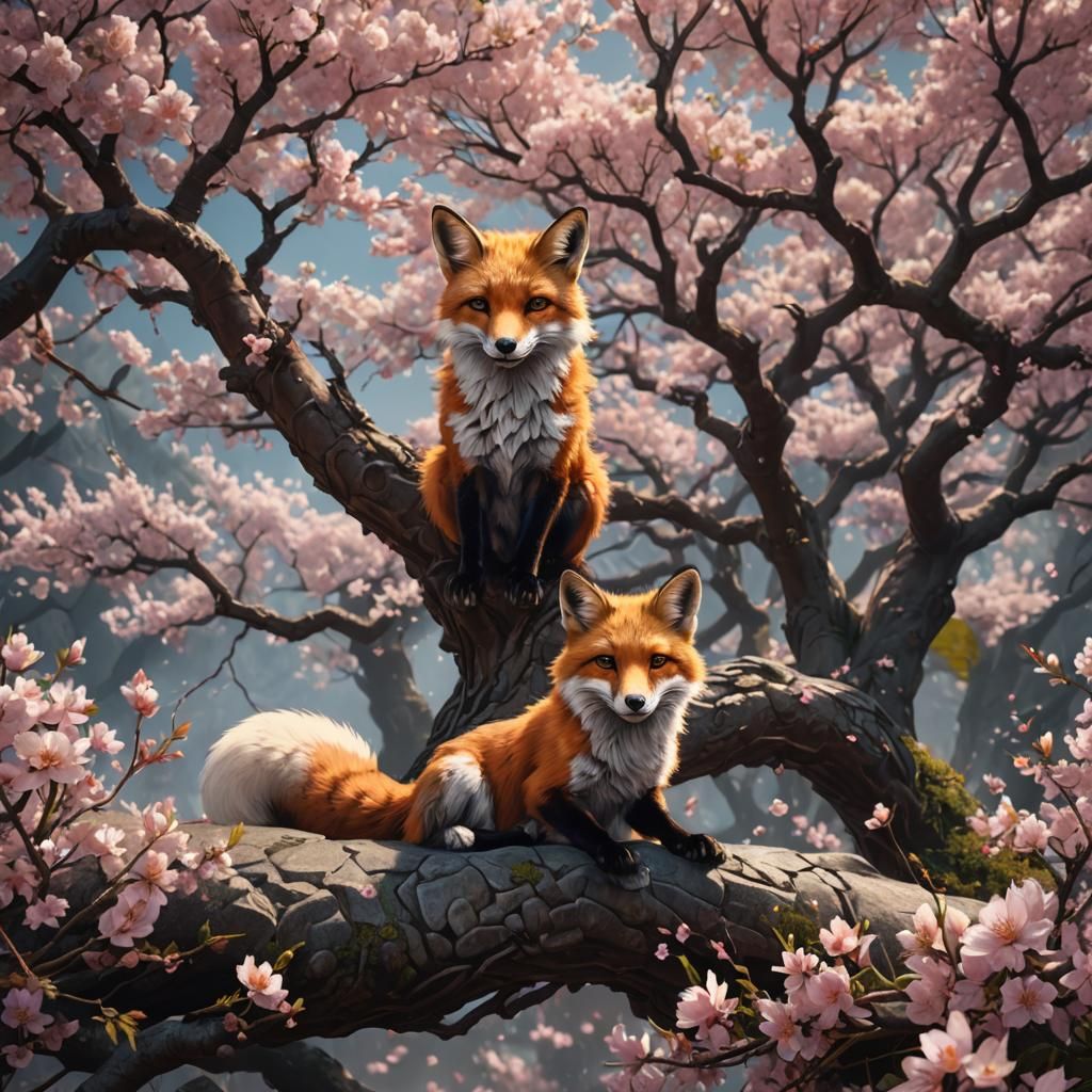Fox Under Cherry Tree: Detailed Matte Painting