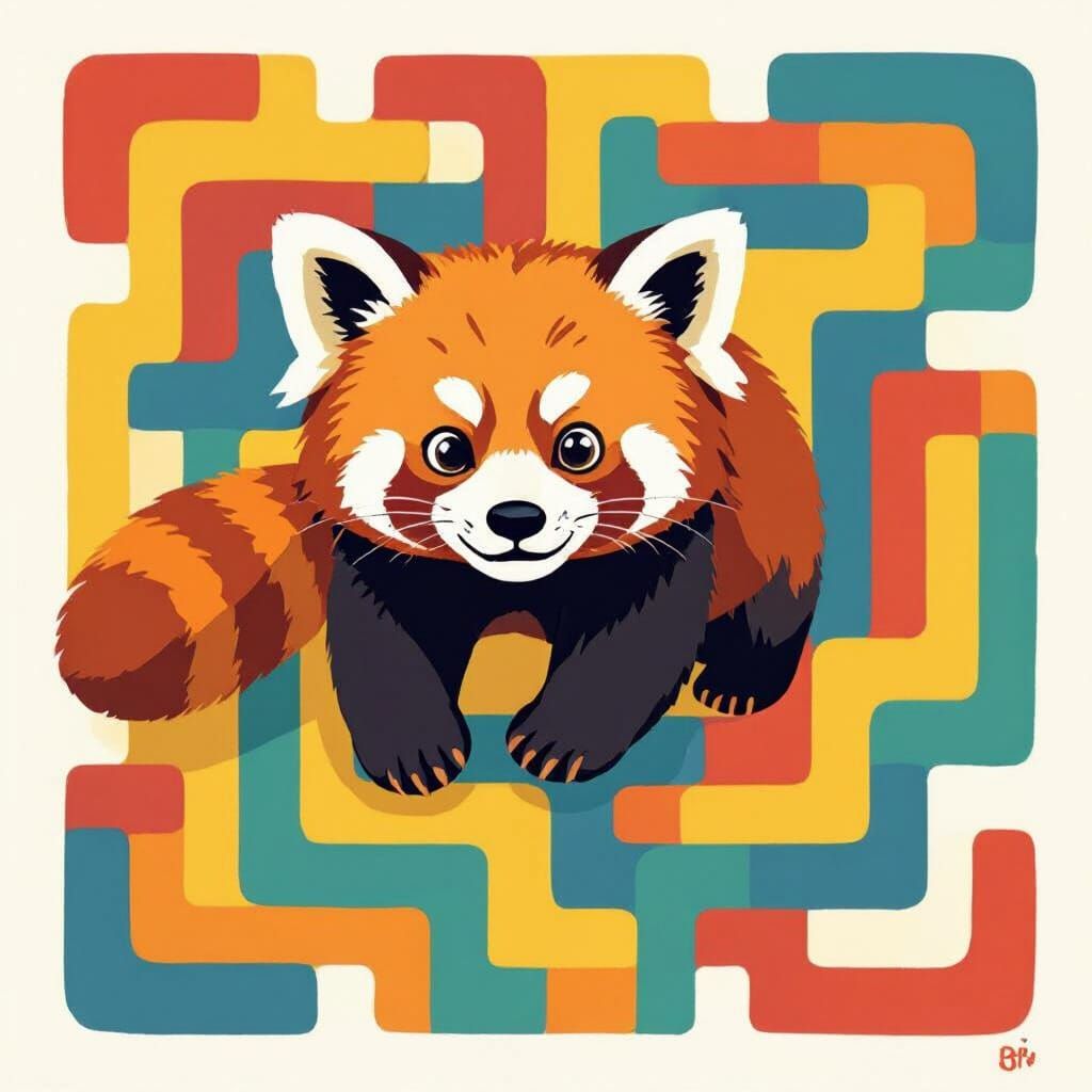 Red Panda Navigating a Colorful Digital Maze