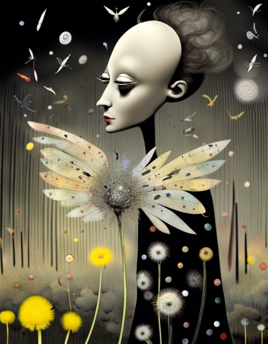 Winged Fairies in Dandelion Dreamscape, Surreal Art