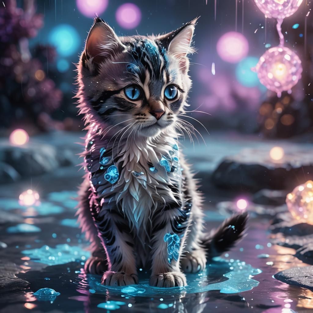 Sparkly Spirit Kitten in Bioluminescent Fantasy Art