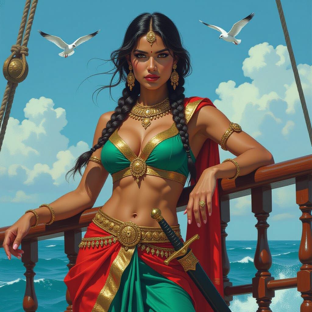 Warrior Woman in Indian Attire on Ship Deck