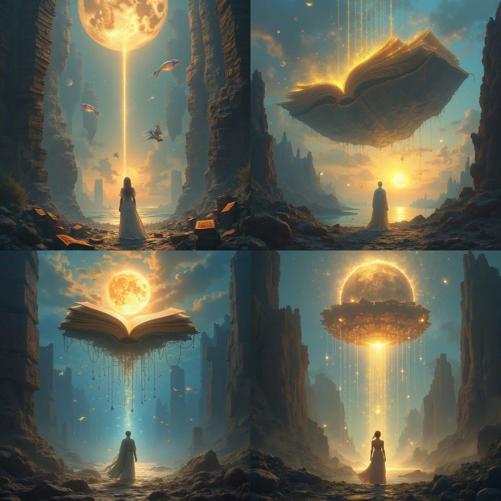 Floating Library Above Sunken City with Light Chains