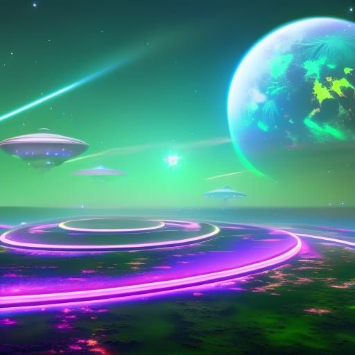 Futuristic Oasis in Space with Neon Lights