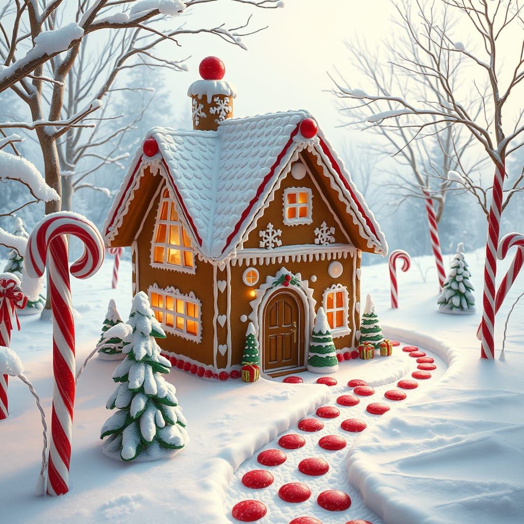 Surreal Gingerbread House in Whimsical Winter Wonderland
