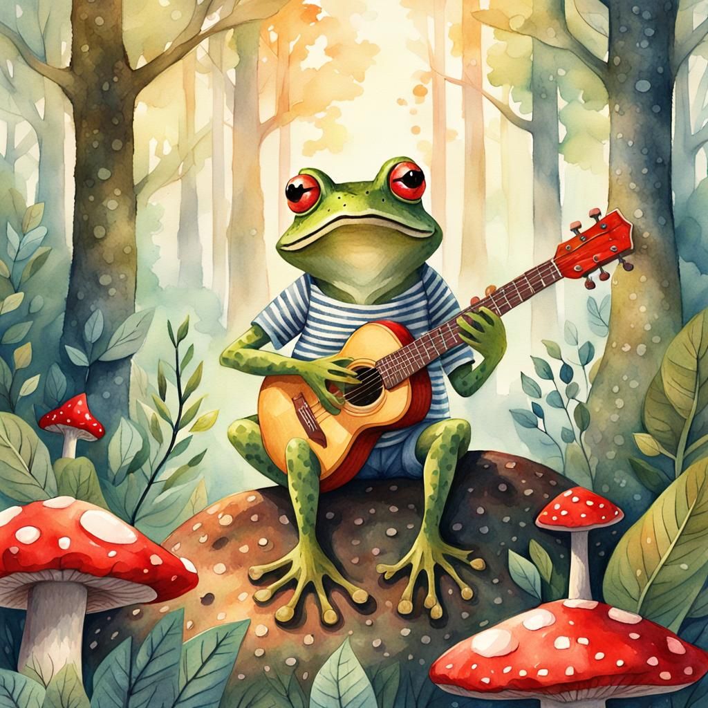 Frog Musician in Whimsical Watercolour Forest