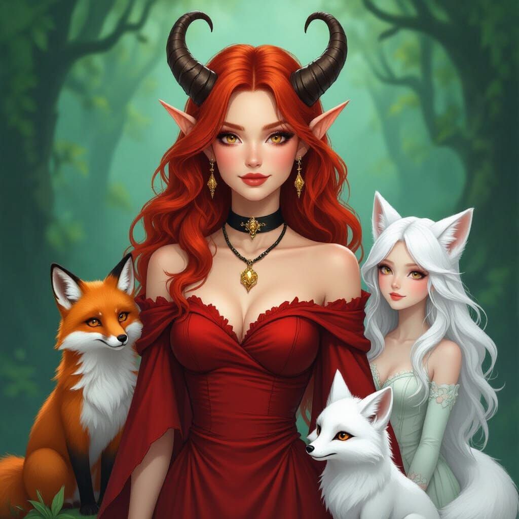 Fantasy Tiefling Woman with Fox Companions