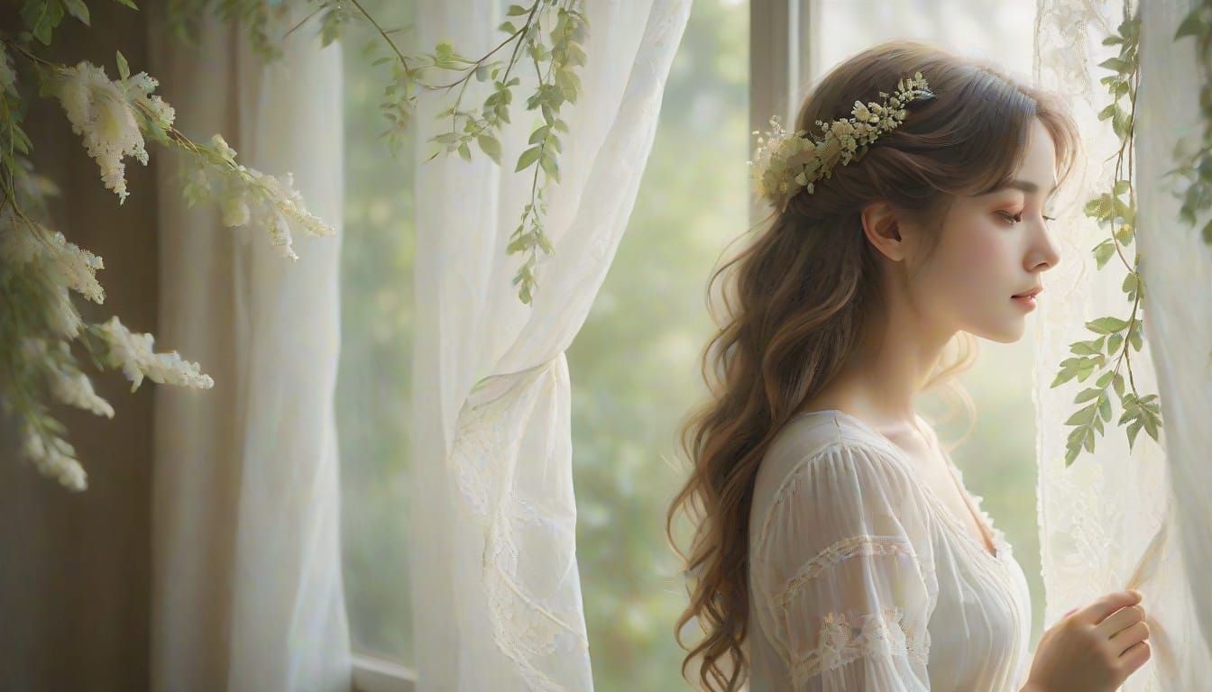 Woman in Soft Focus Behind Sheer Curtains in Impressionist S...
