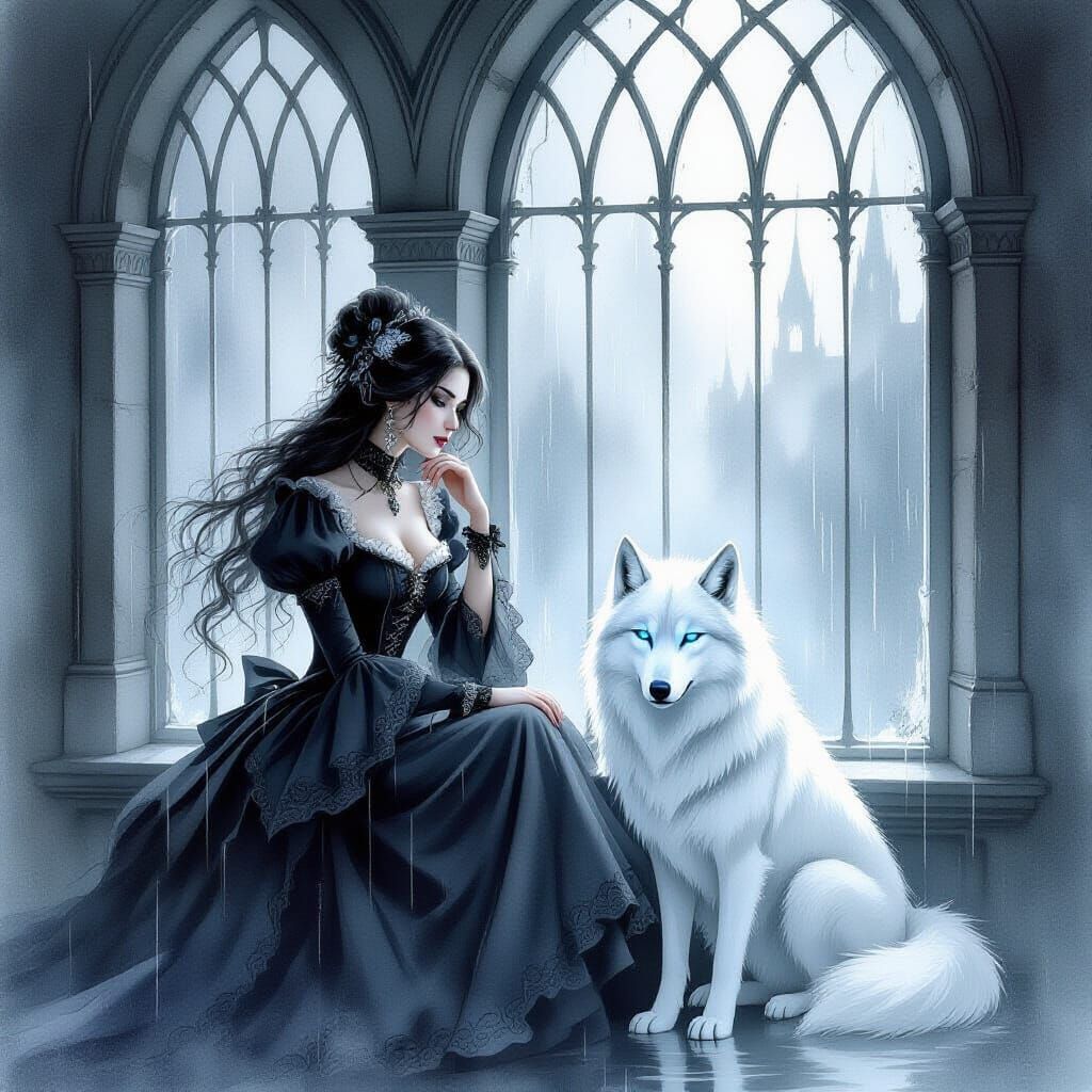 Victorian Gothic Woman with Spectral Wolf by Arched Window