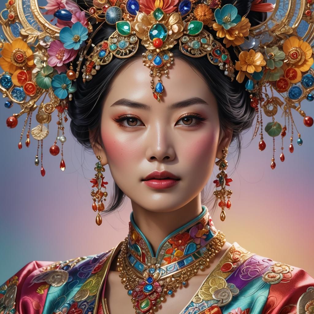 Asian Woman in Colorful Clothing: Hyperrealistic Digital Por...