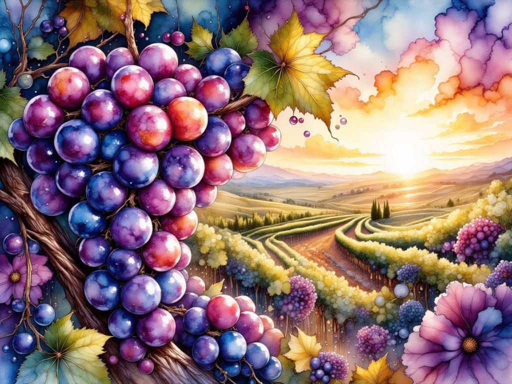 Vibrant Purple Grape Cluster in Serene Italian Countryside