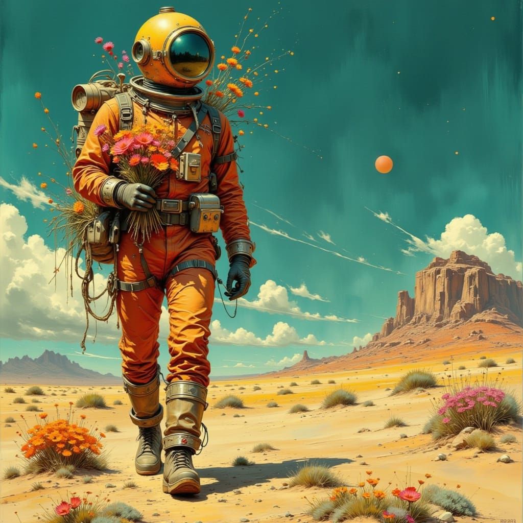 Diver in Desert with Glowing Fungi