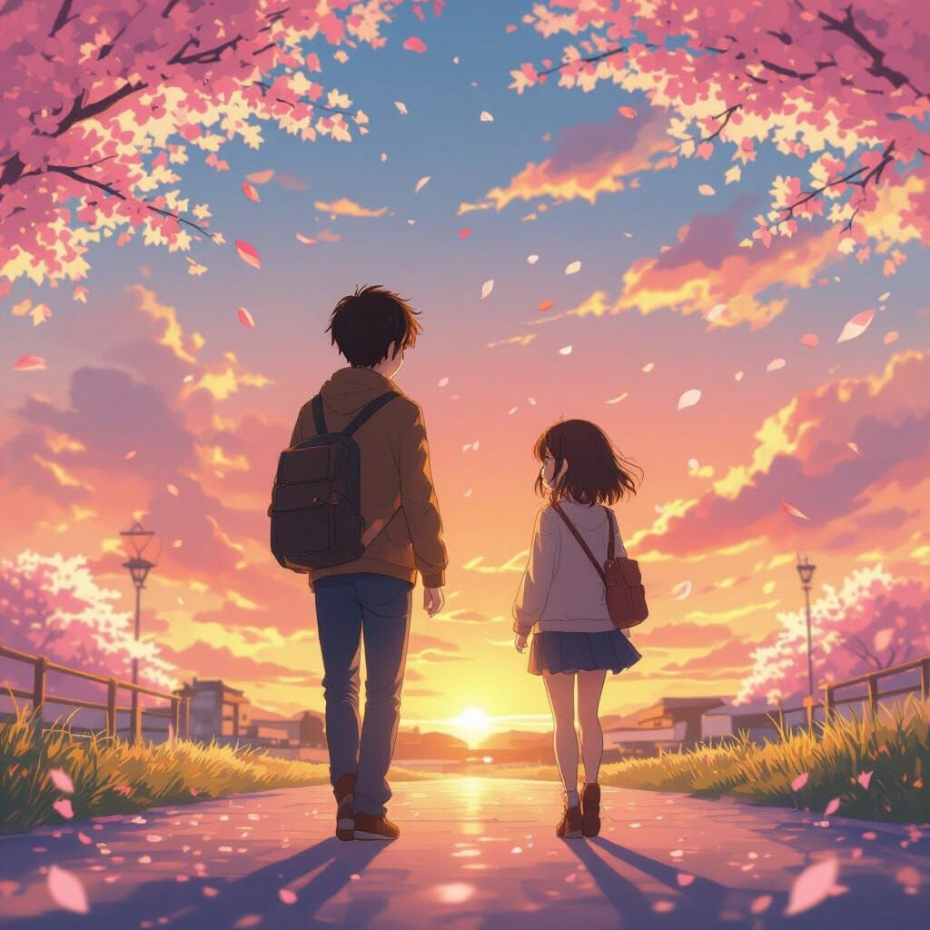 Anime Sunset Scene: Teens Walk Amidst Cherry Blossoms