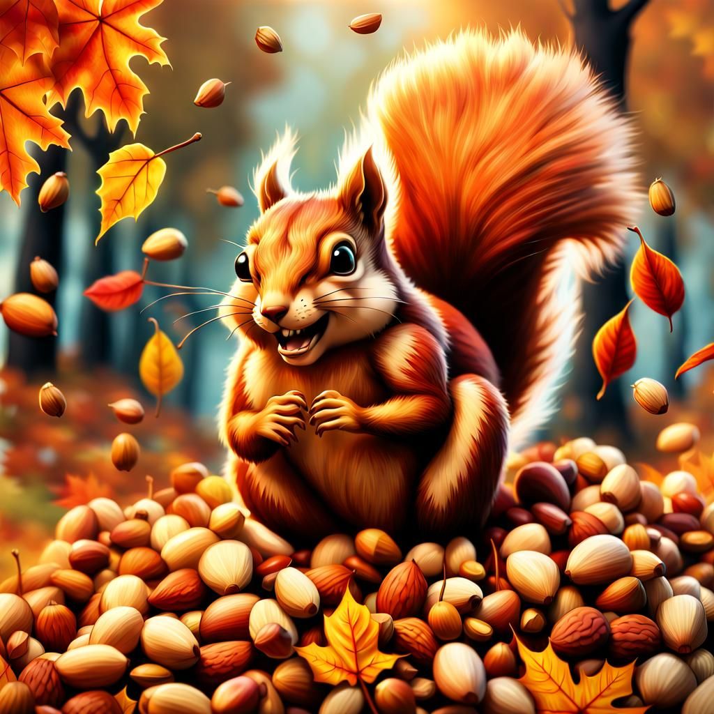 Laughing Squirrel Leaps into Autumn Nut Pile