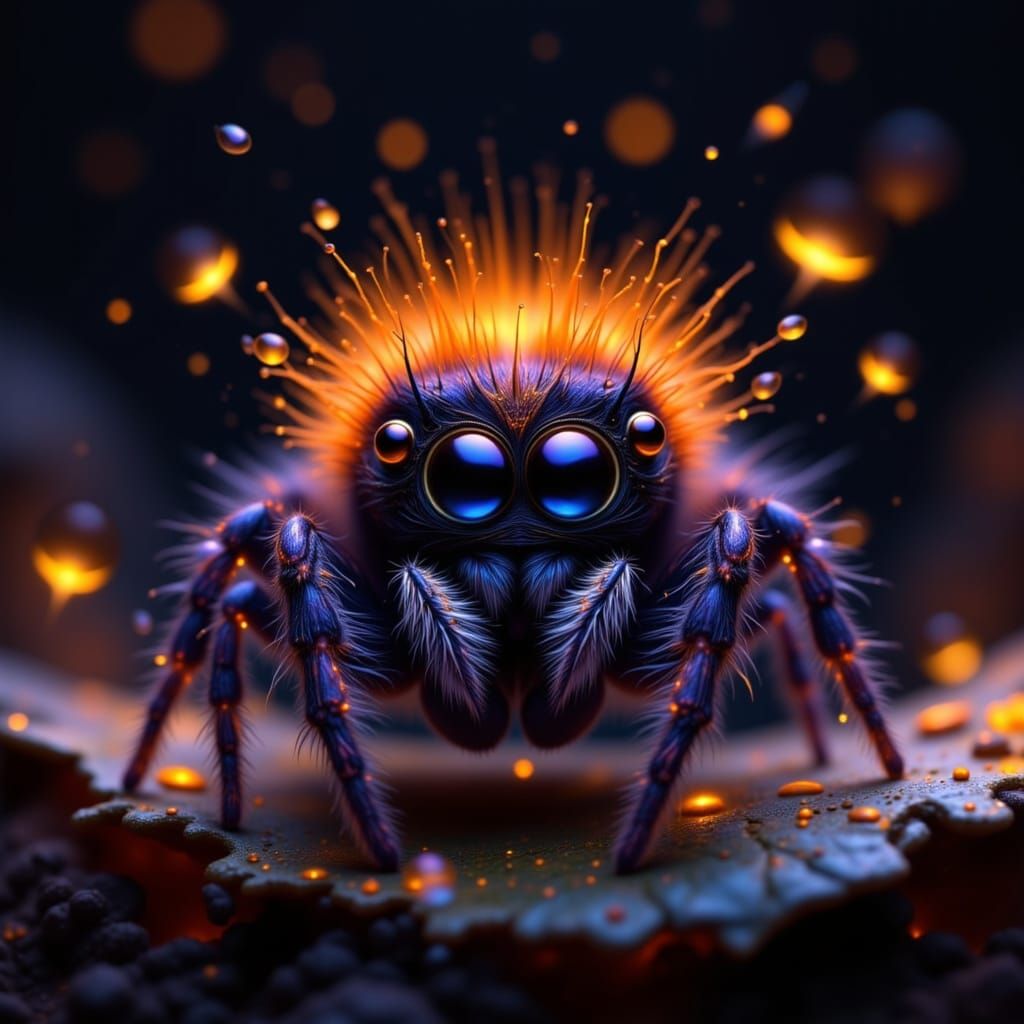 Fuzzy Jumping Spider with Fireflies in Digital Art Style
