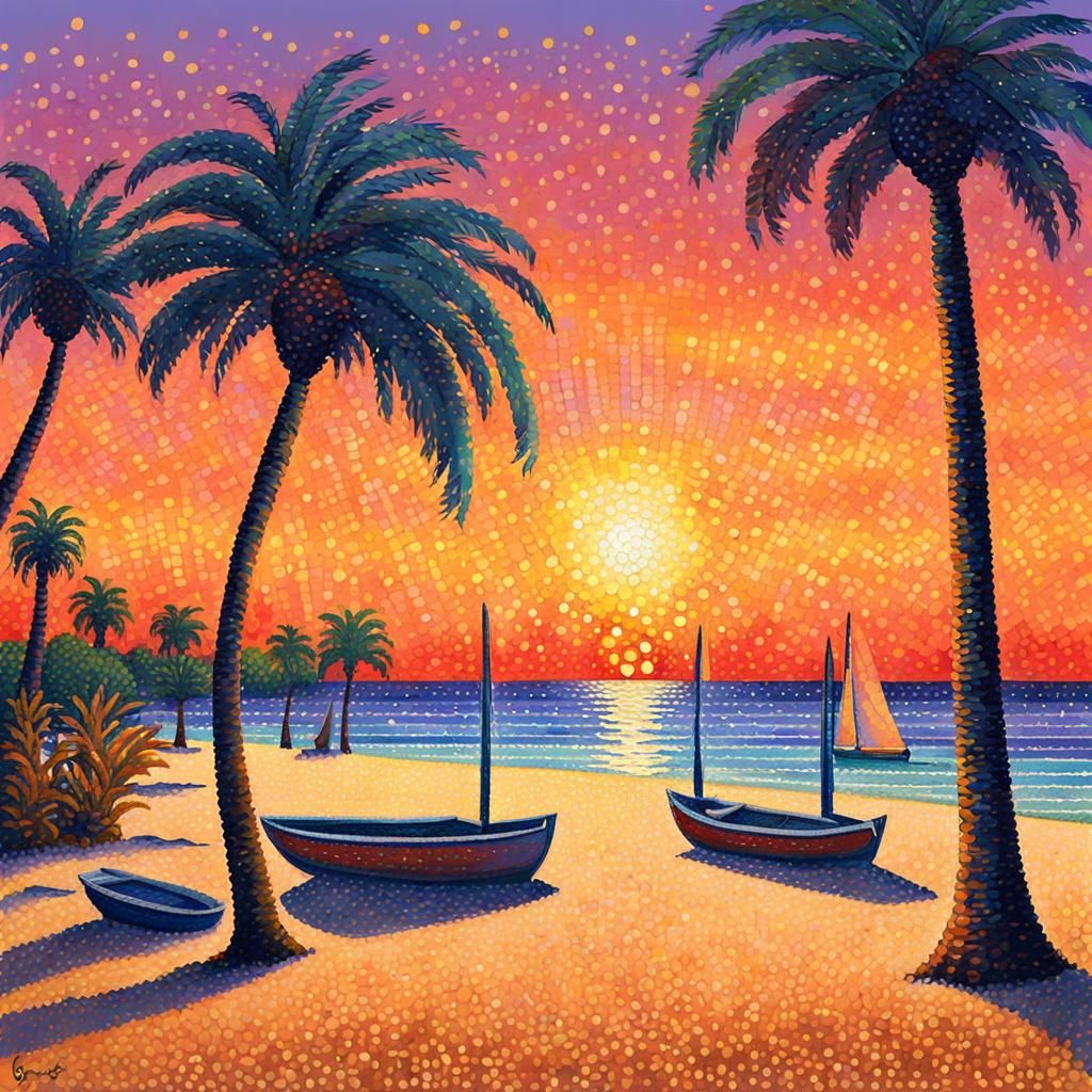 an image in the style of Pointillism by Georges Seurat and Paul Signac of a sandy beach sunset