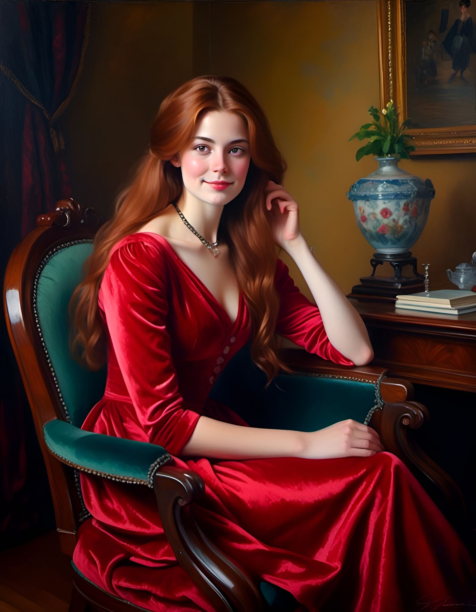 Victorian Woman in Red Velvet Dress Portrait