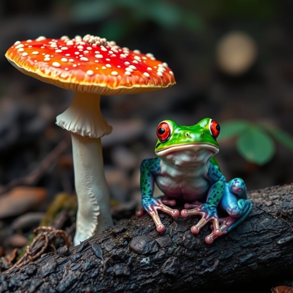 Psychedelic Tree Frog on Amanita Mushroom