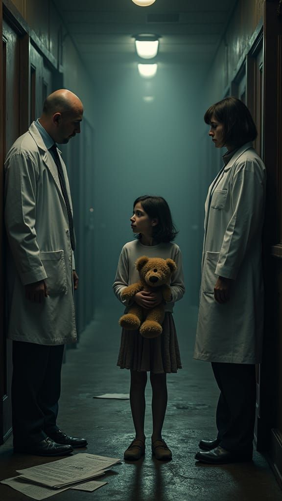 Gothic Asylum Shadows a Young Patient with a Teddy Bear
