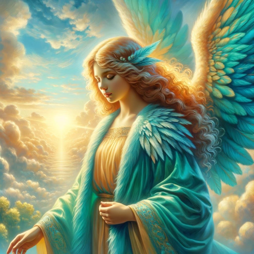 Serene Turquoise Angel with Golden Hair in Sky