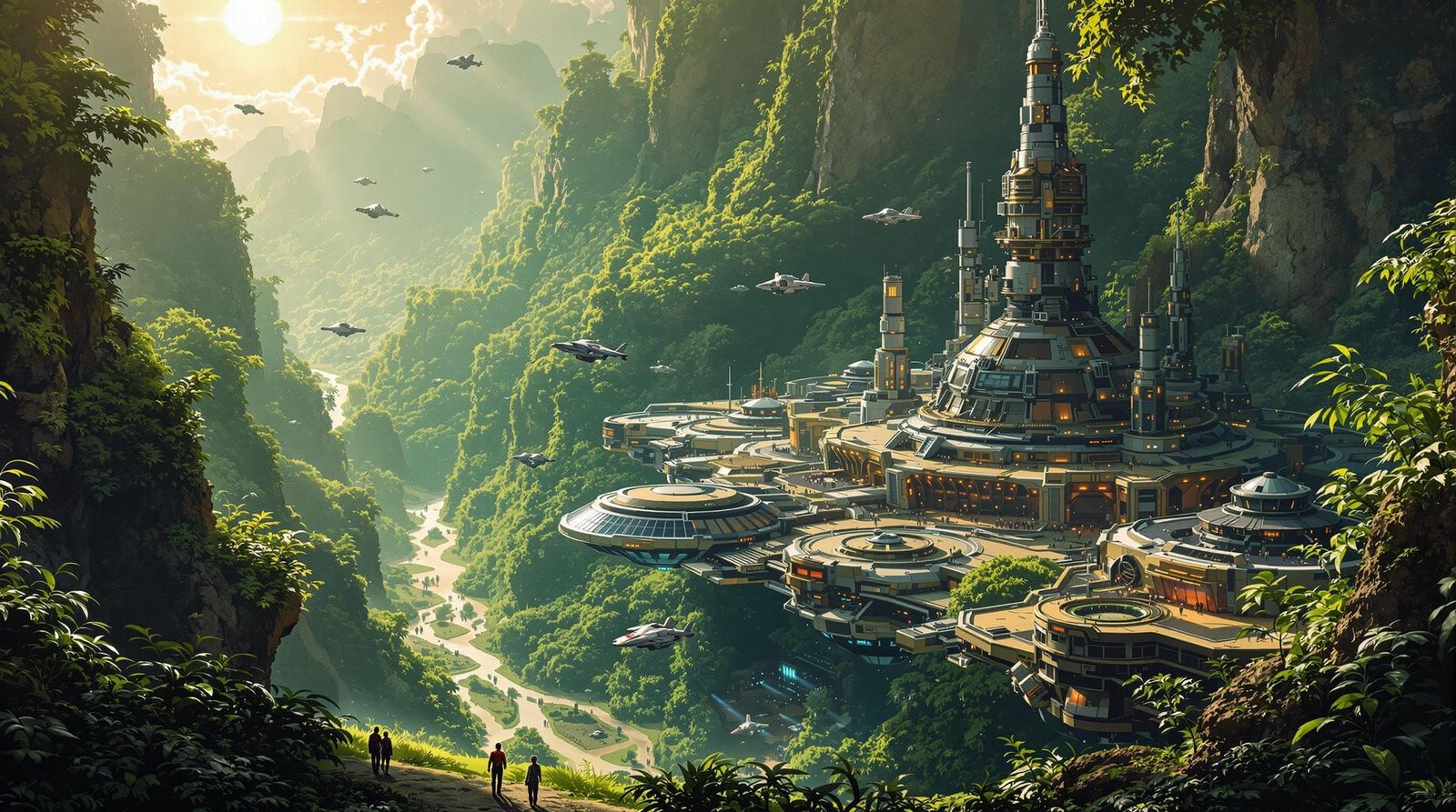 Futuristic Jungle Canyon Combat Base in Retro Style