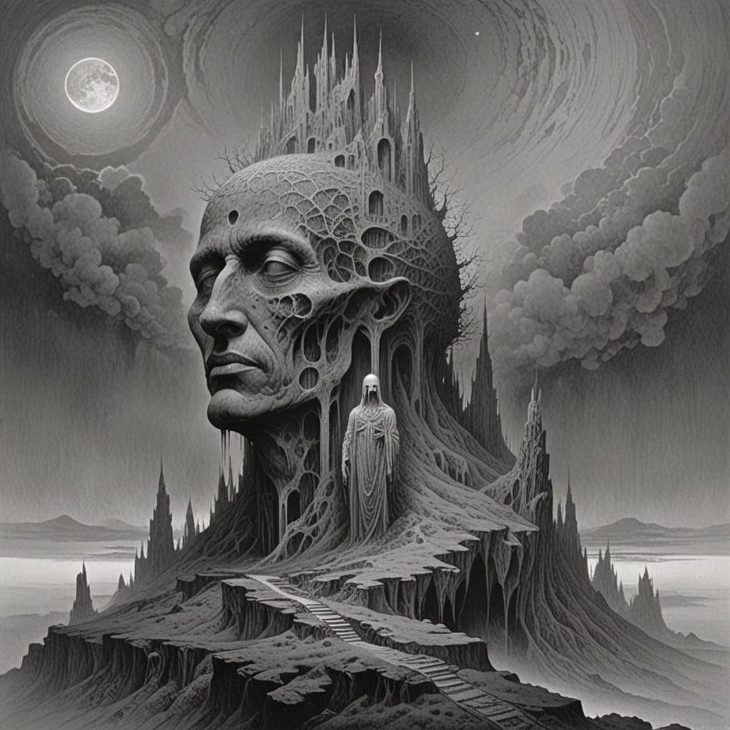 Dour Grayscale Shrine in Beksiński Style