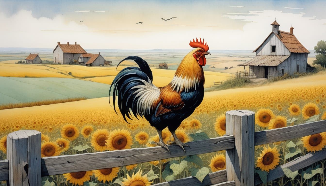 Rooster Perched on a Wooden Fence in a Chalk Hill Countrysid...