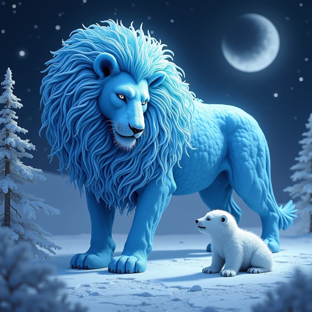Blue Lion-like Creature with Cub in Fractal Landscape