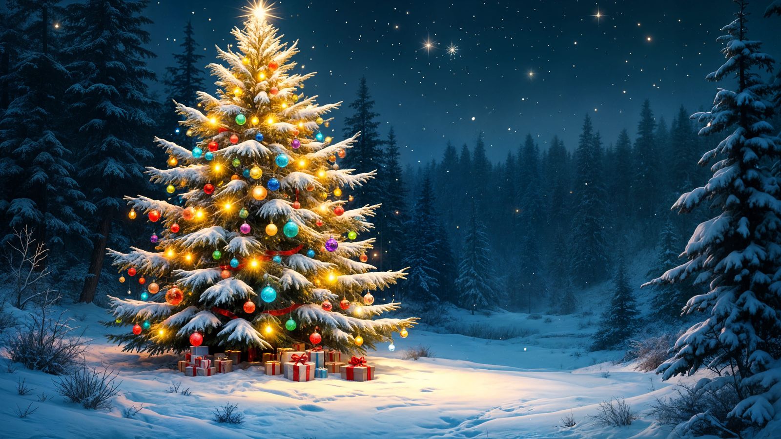 Winter Wonderland Christmas Tree in Starry Night Forest