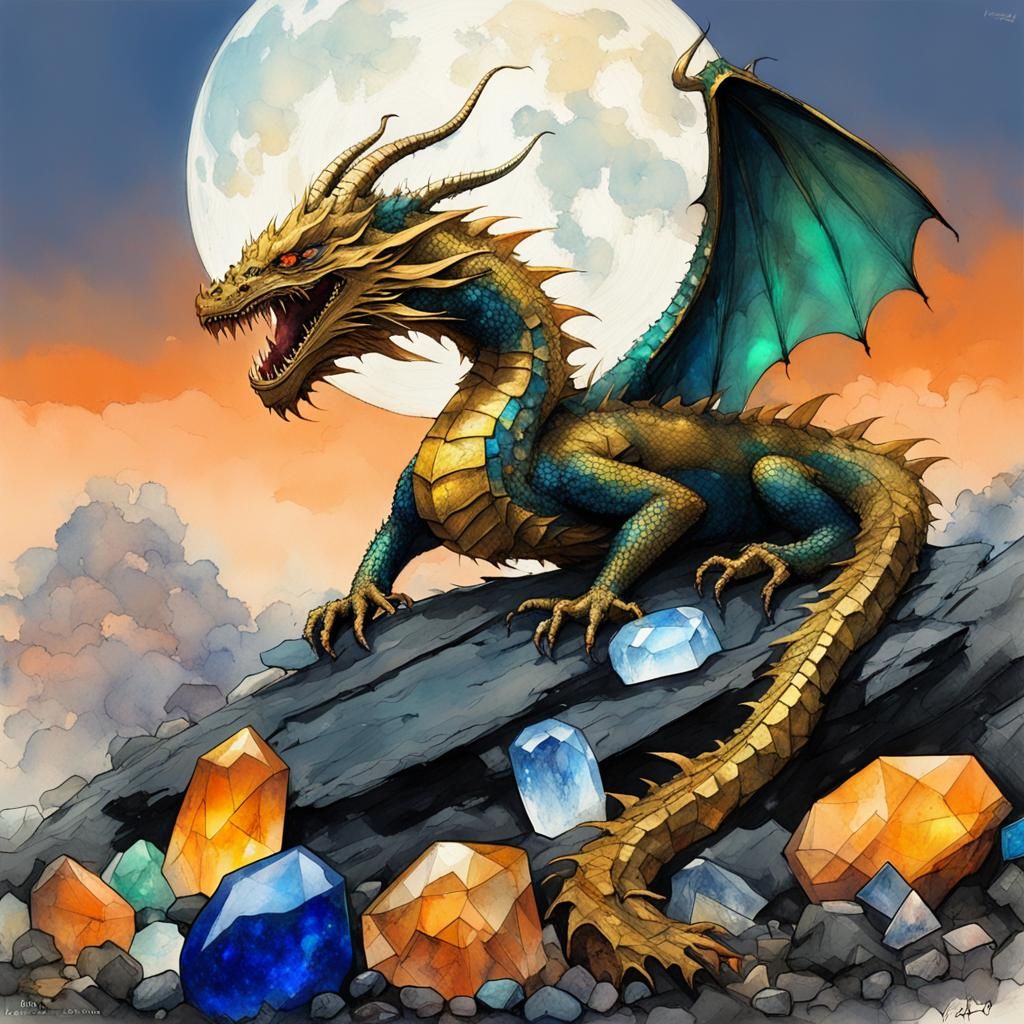 Goldenrod Dragon on Gemstones, Surreal Digital Art