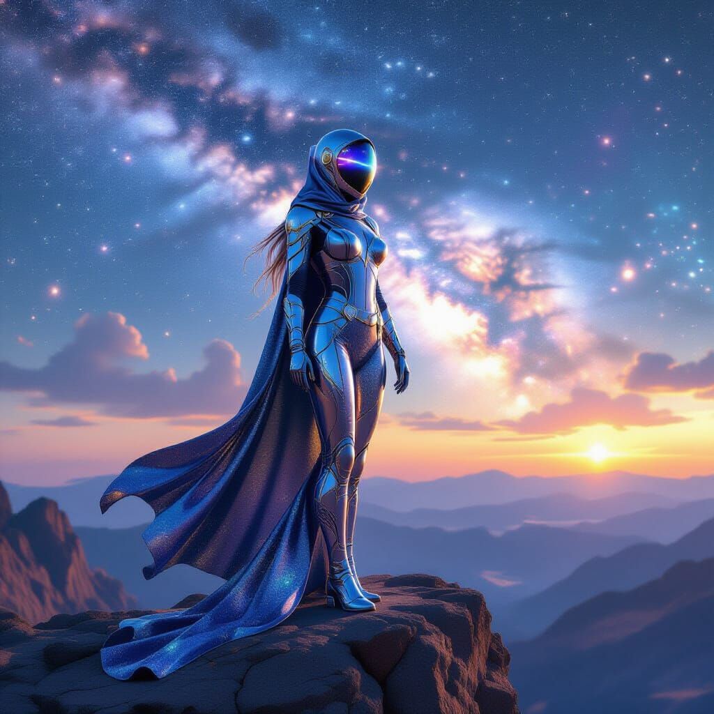 Masked Woman in Stardust Suit, Cosmic Illustration