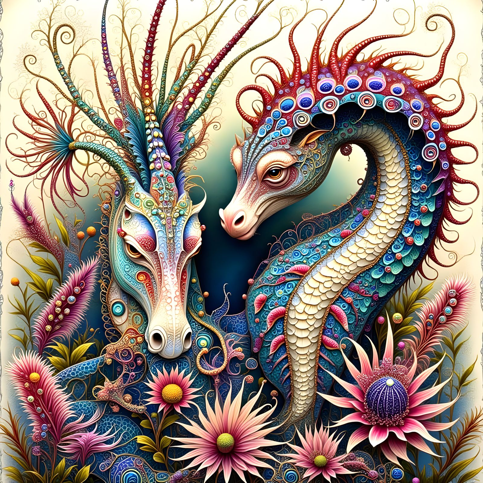 Intricate Seahorses in a Fantastical Garden