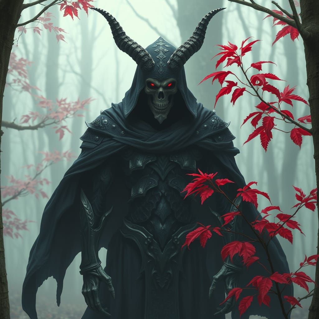 Dark Lord Emerges from Mysterious Forest in Gothic Style