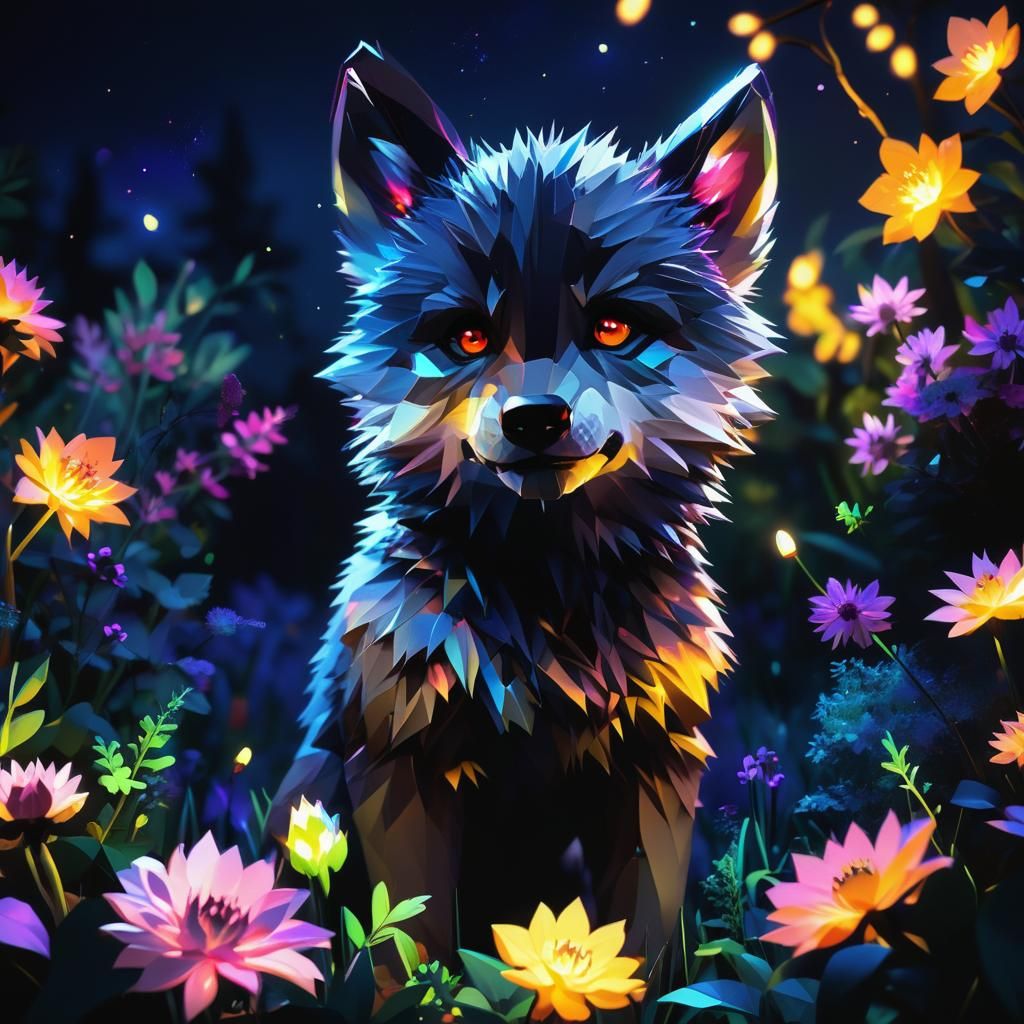 Baby Wolfman's Neon Garden: A Low-Poly Dream