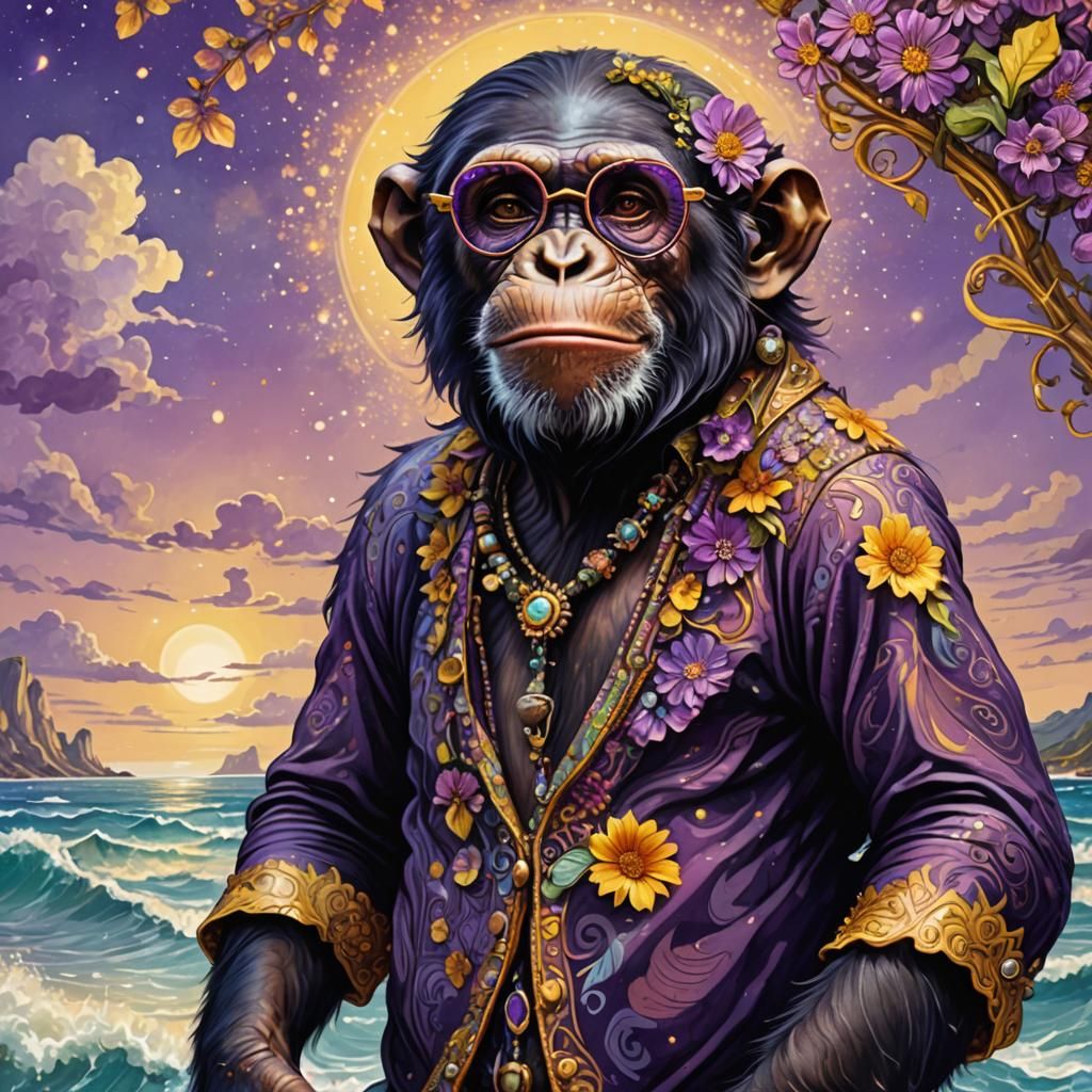 Chimpanzee in Hippie Clothes by the Sea