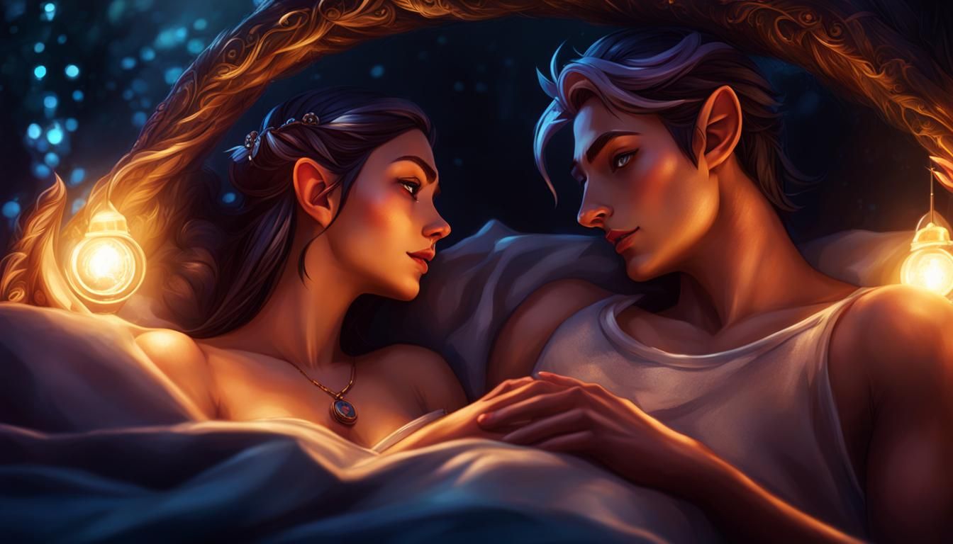 Elf Lovers Cuddling in Splash Art Style