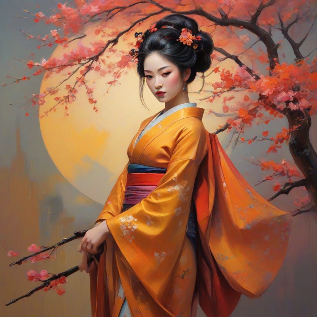 Abstract Geisha Among Blossoms in Golden Hour Sunset
