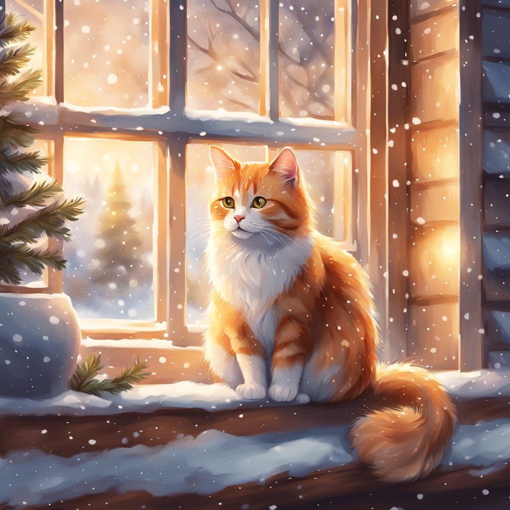Cozy Cat Watching Snow, Watercolor Digital Painting