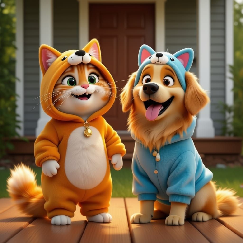 Cat and Dog on Halloween Porch