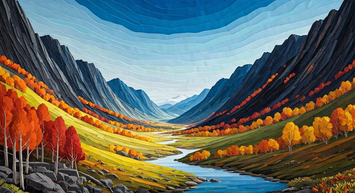 Open Autumnal Valley in Paper Collage Style