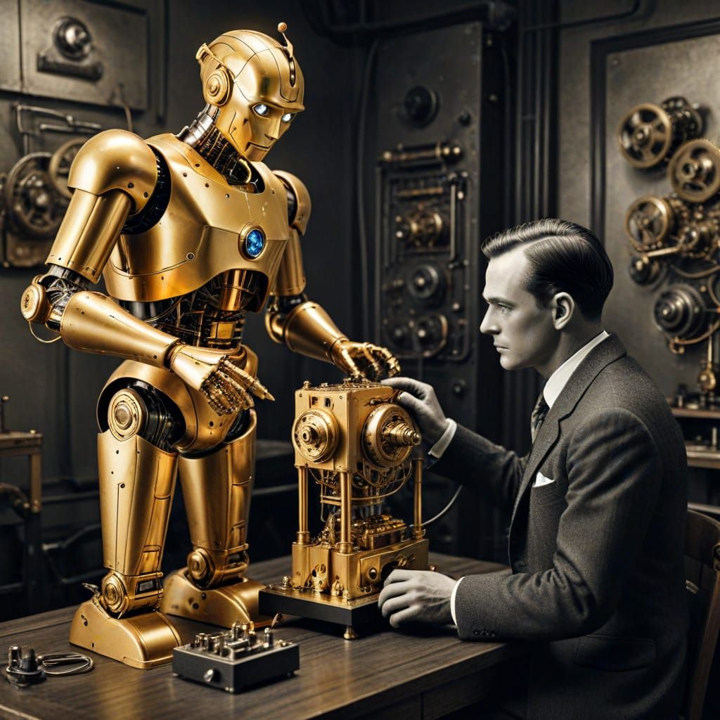 Inventor and Golden Robot in 1920s Film Noir Masterpiece