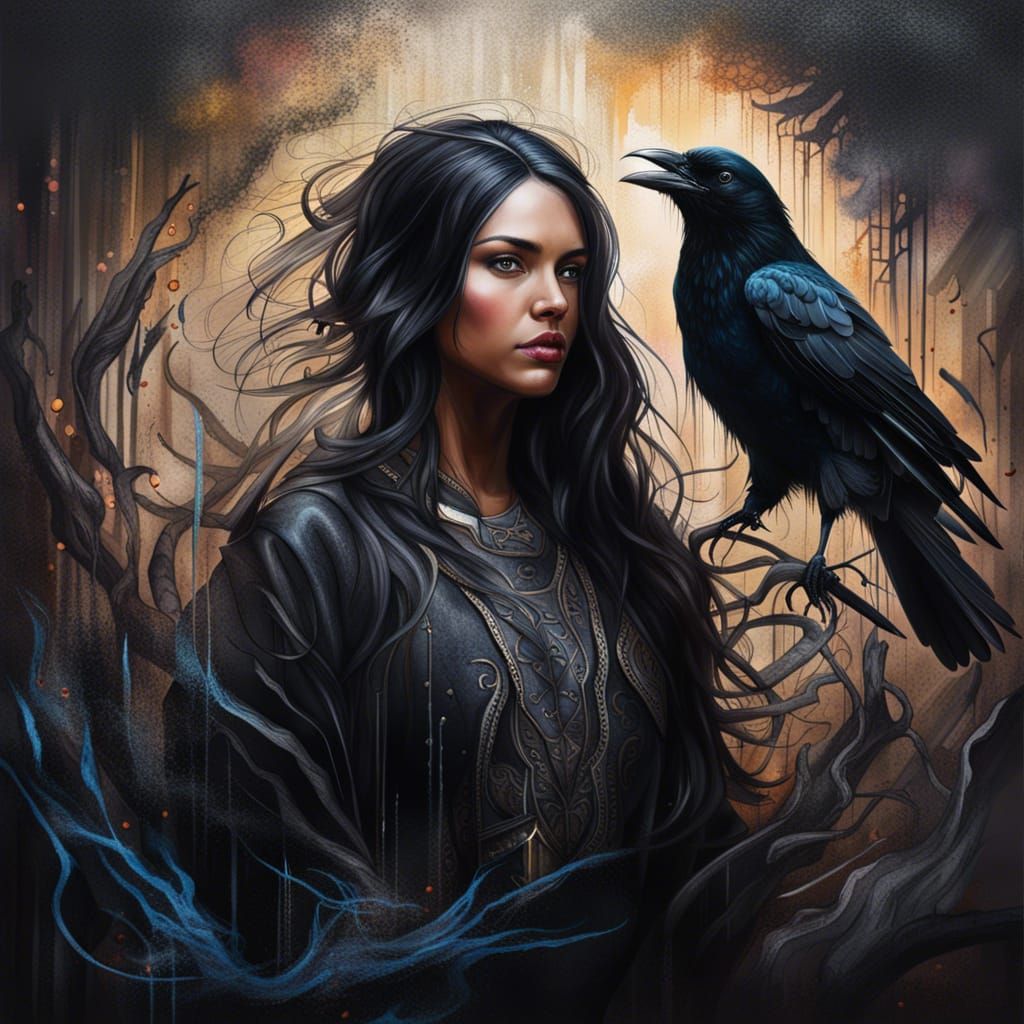 Mystical Beauty with Raven: Graffiti Art Masterpiece