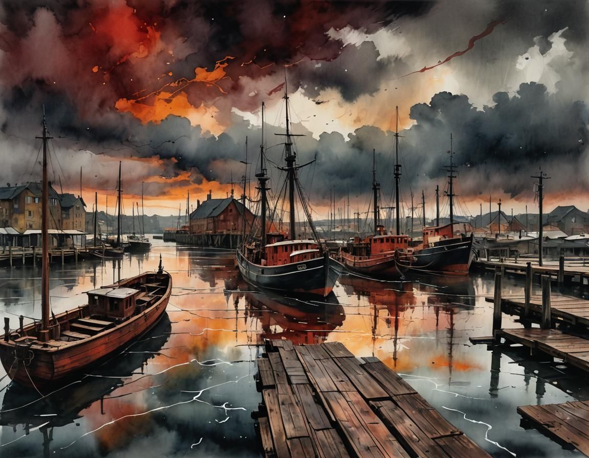 Dramatic Storm Over German Harbor in Mixed Media Style