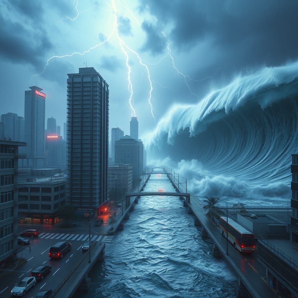 Massive Flood and Tsunami Devastate Cityscape