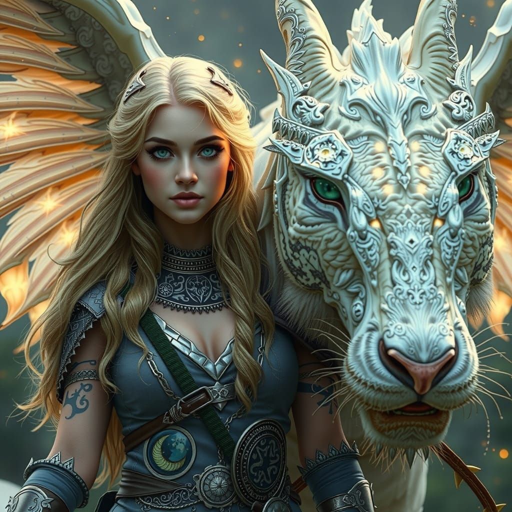 Celtic Tiger Princess with Dragon in Fantasy Style