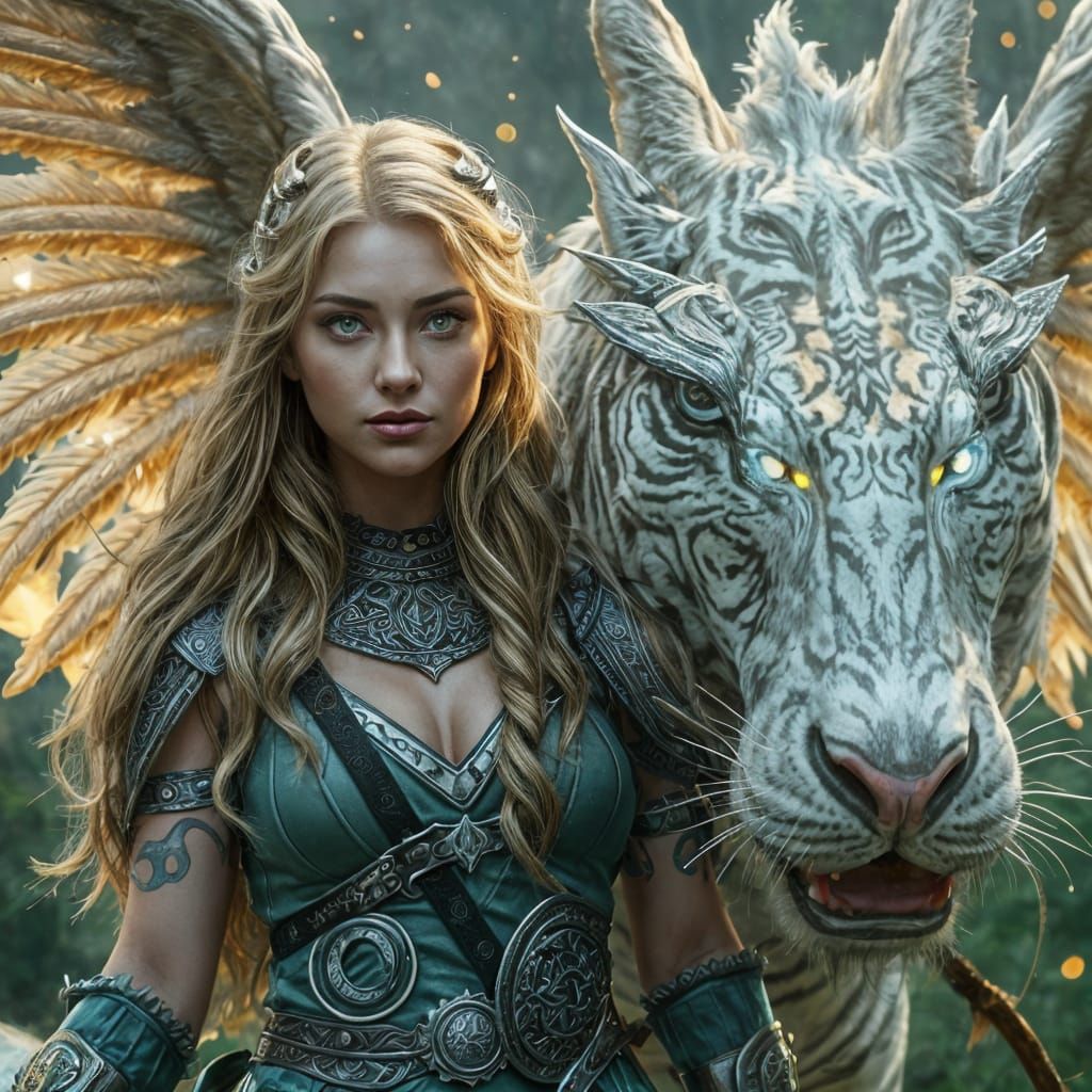 Celtic Warrior Princess with Tiger-Dragon in Fantasy Style