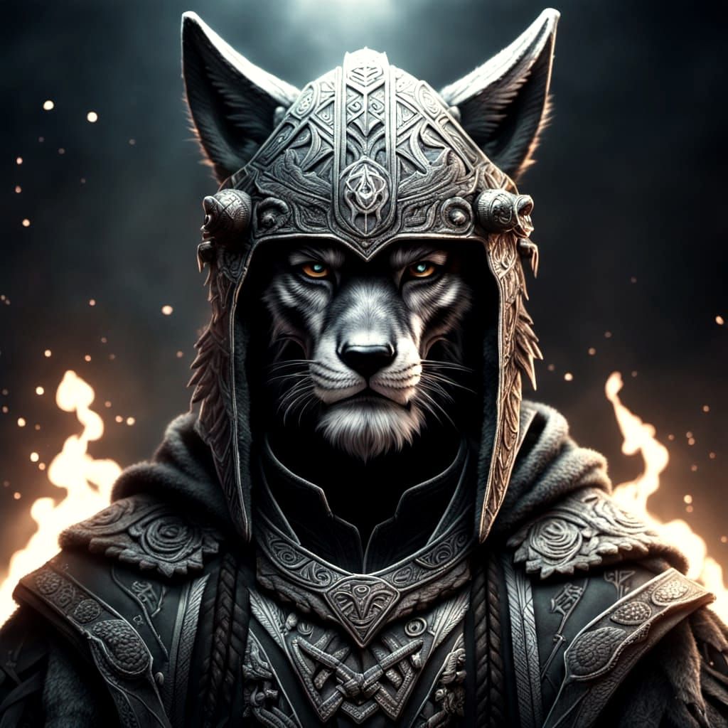 Fantasy Druid Warrior in Wolf Skin Helmet