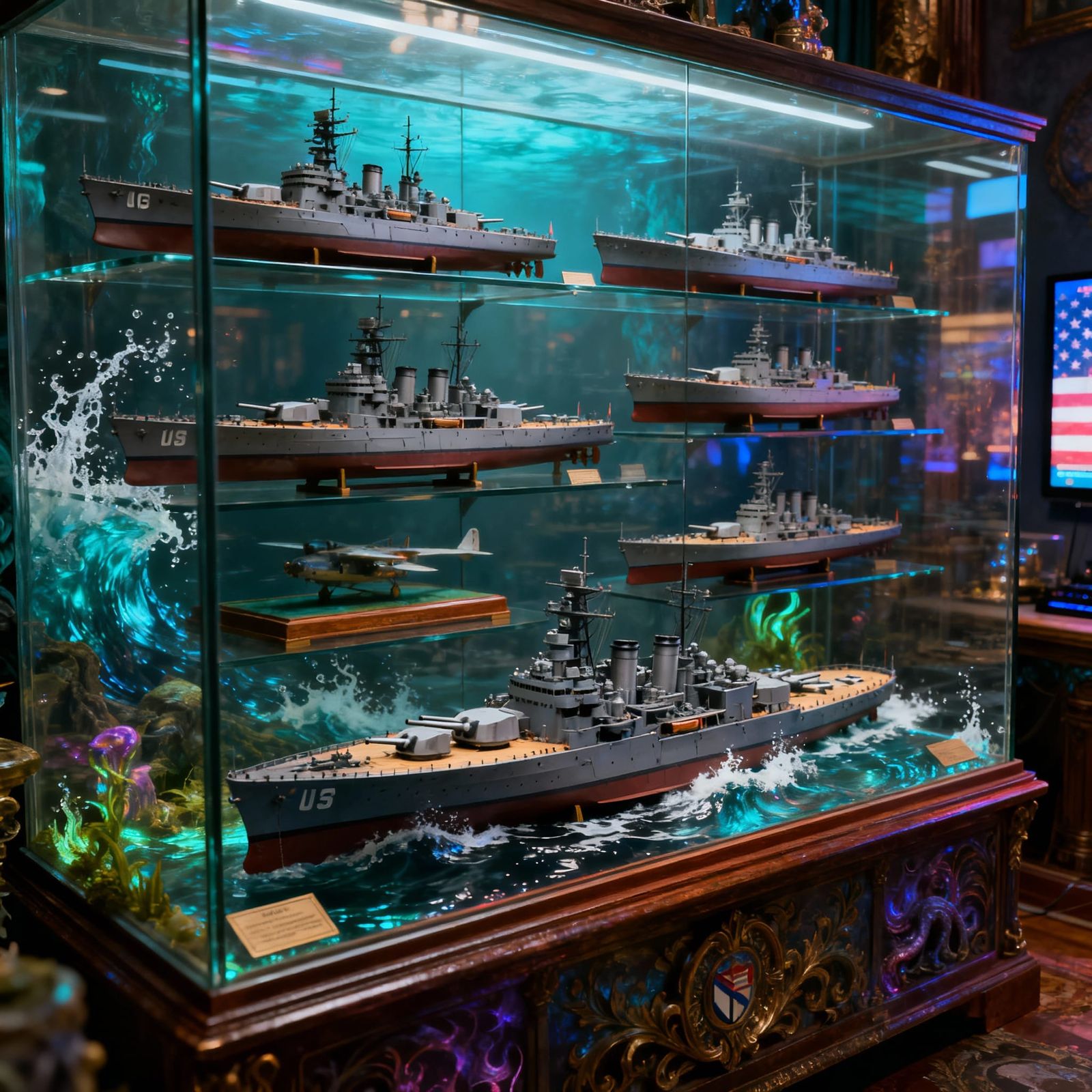 WWII US Navy Battleship Models in Display Case