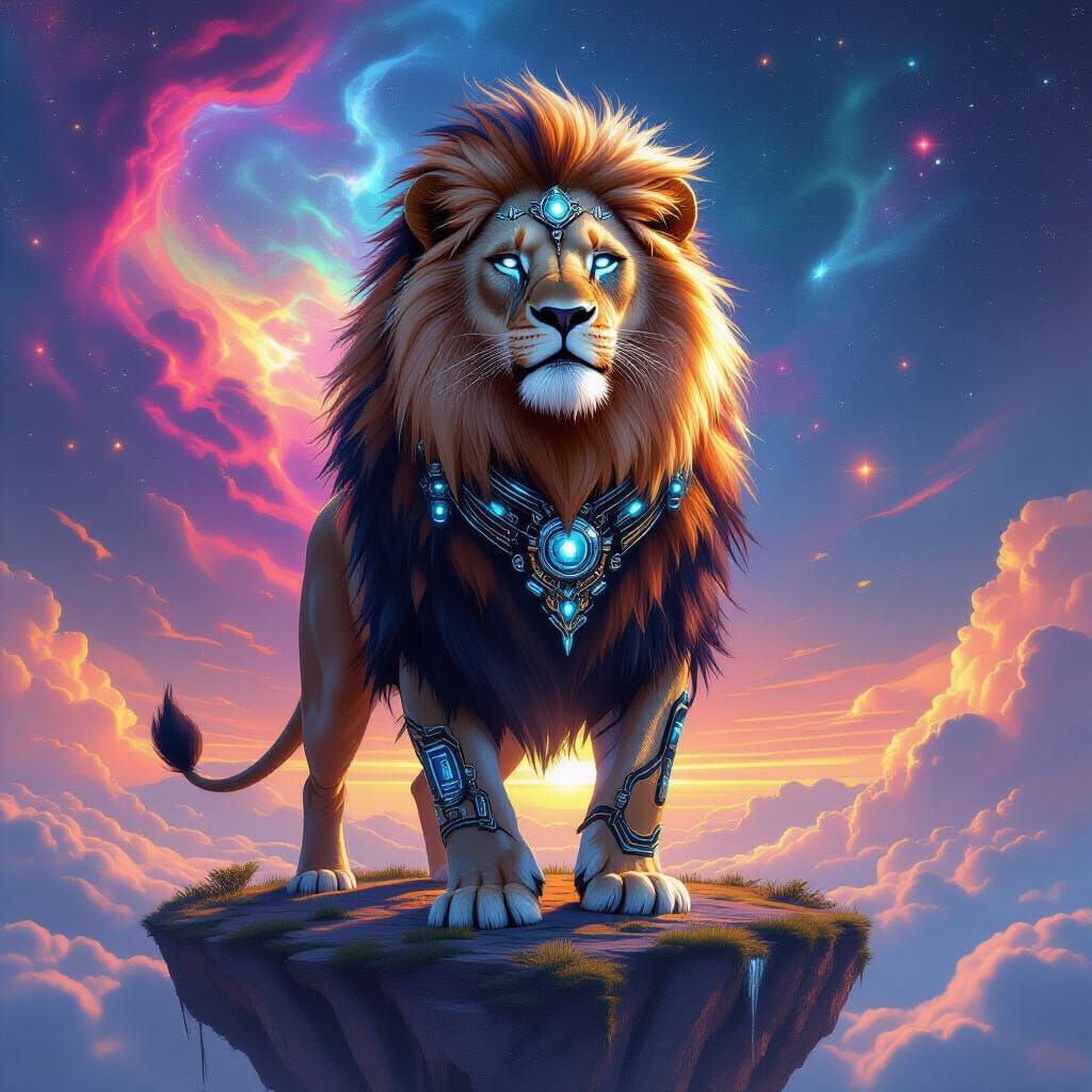 Cyberpunk Lion on Floating Island in Nebula