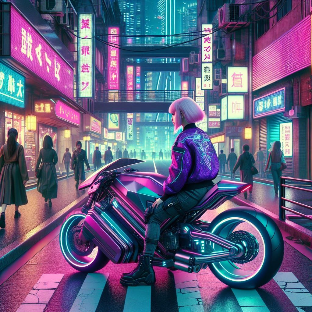 Cyberpunk Woman on Motorcycle in Neo-Tokyo Street